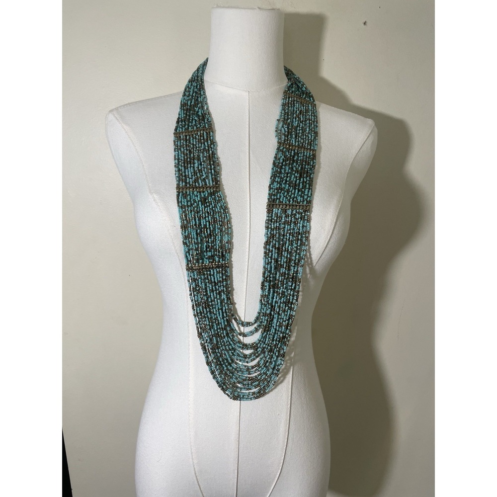 Multi Strand Turquoise Seed Bead Bib Necklace Boho Southwestern Statement Heavy - Picture 2 of 7